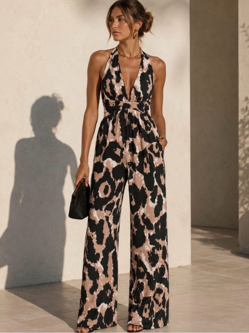 Diane Von Furstenberg Black and Beige Halter Jumpsuit